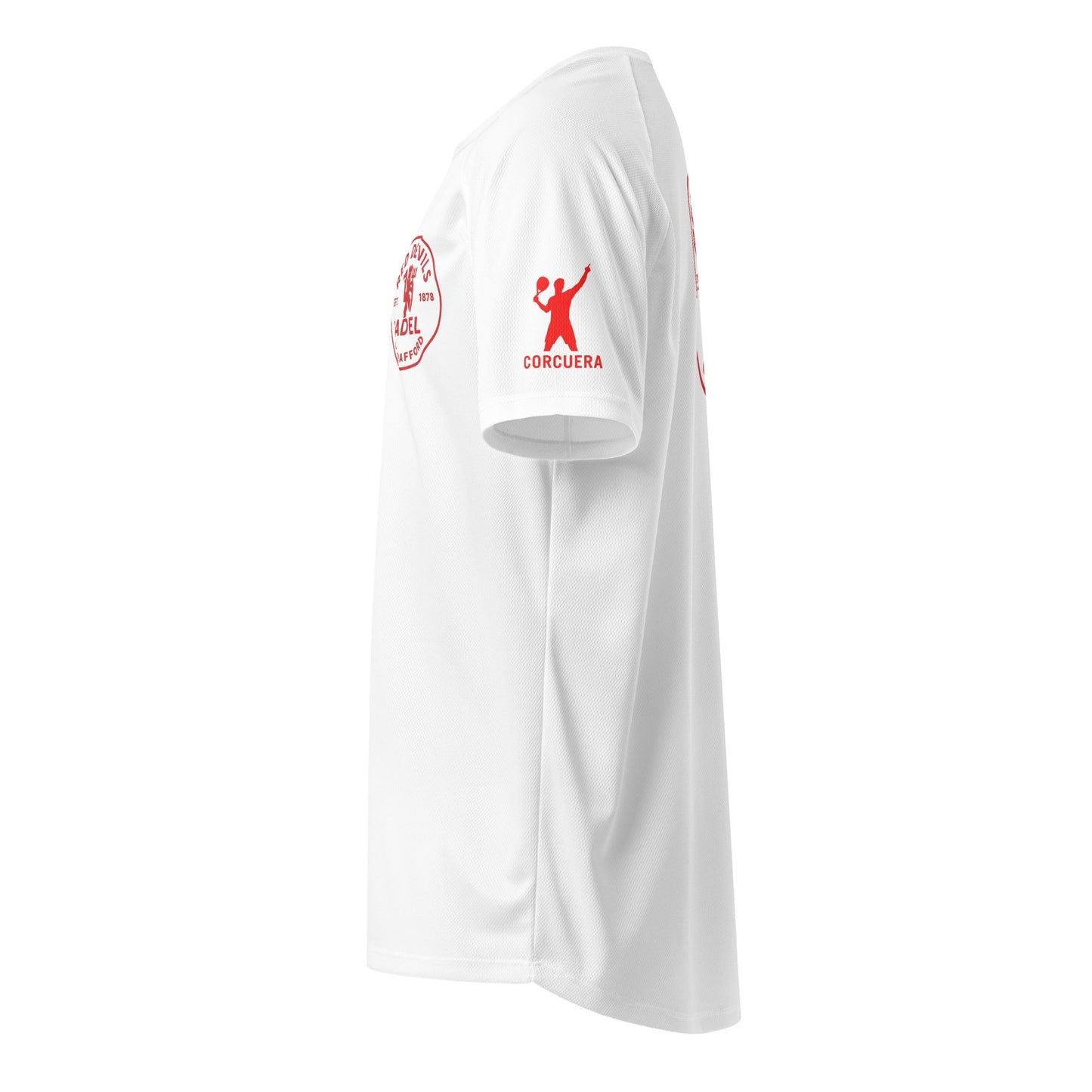 Red Devils Old Trafford Padel Club Player Shirt – unisex padel jersey, worn shot | Corcuera Padel Club