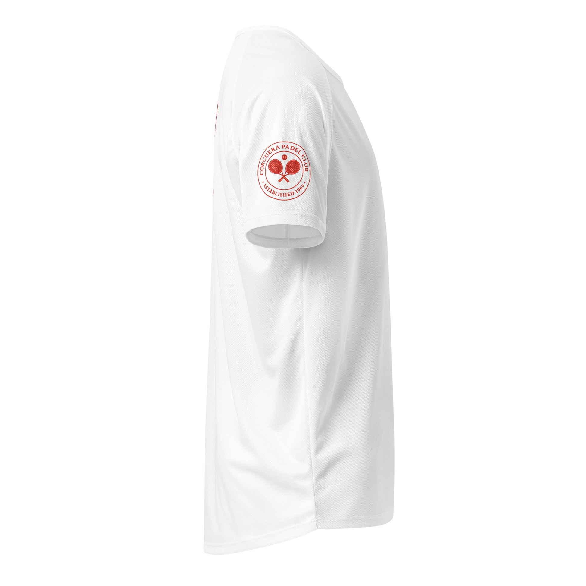 Red Devils Old Trafford Padel Club Player Shirt – unisex padel jersey, styled shot | Corcuera Padel Club