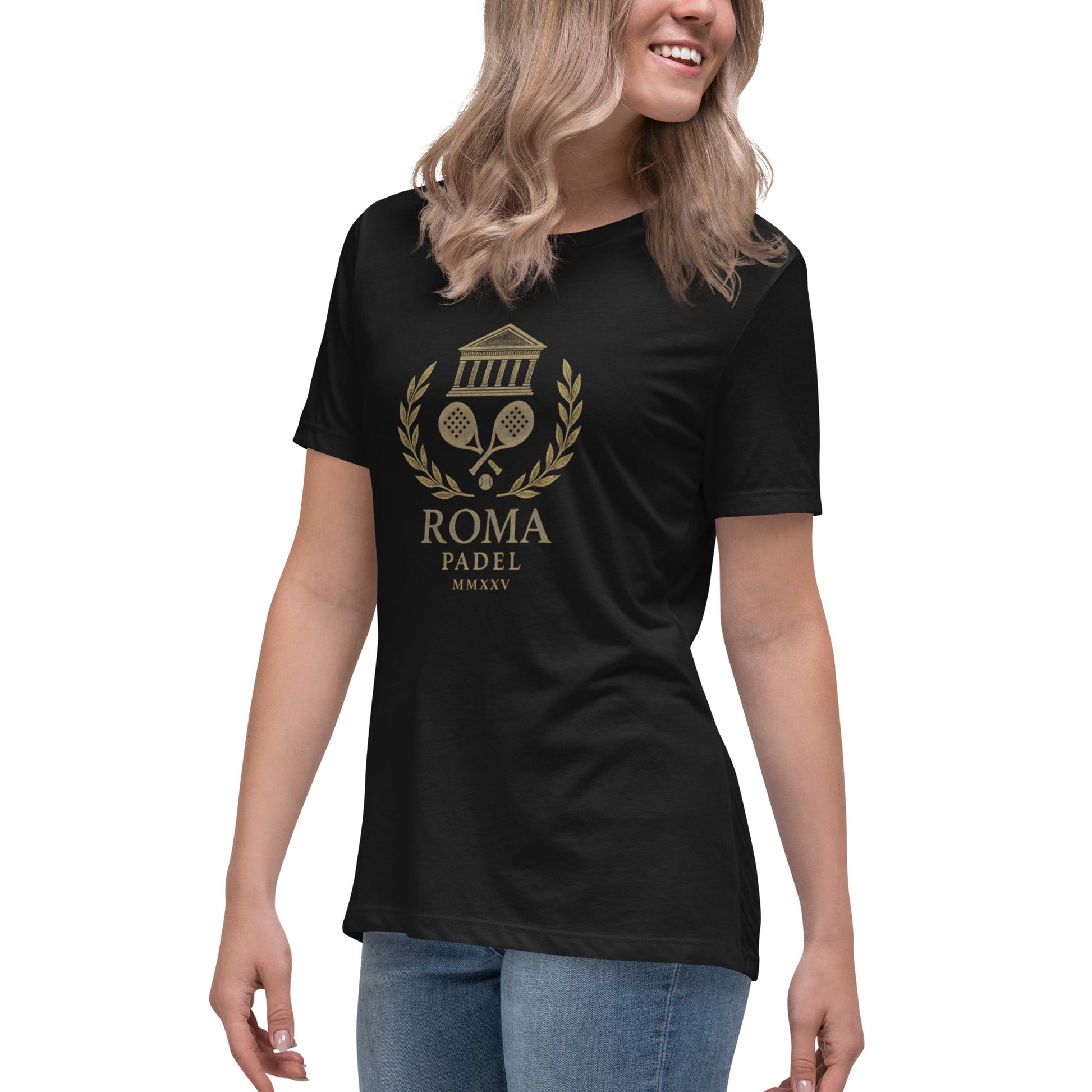 ROMA MMXXV Women's Relaxed Padel T-Shirt – women's black padel tee, front | Corcuera Padel Club