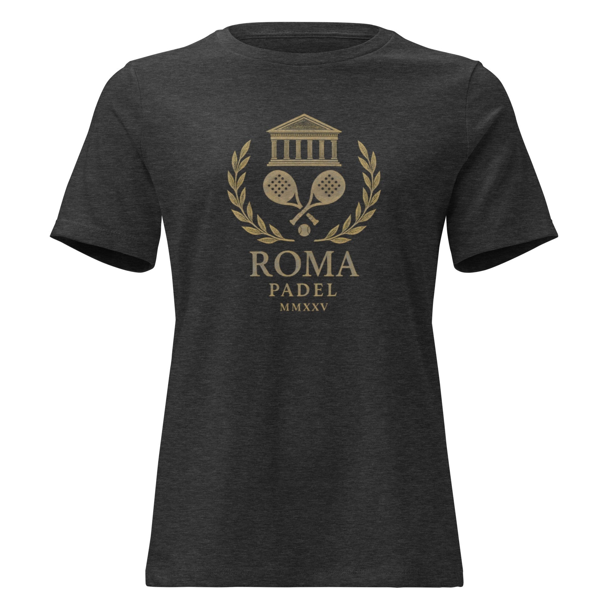 ROMA MMXXV Women's Relaxed Padel T-Shirt – women's dark grey heather padel tee, back | Corcuera Padel Club