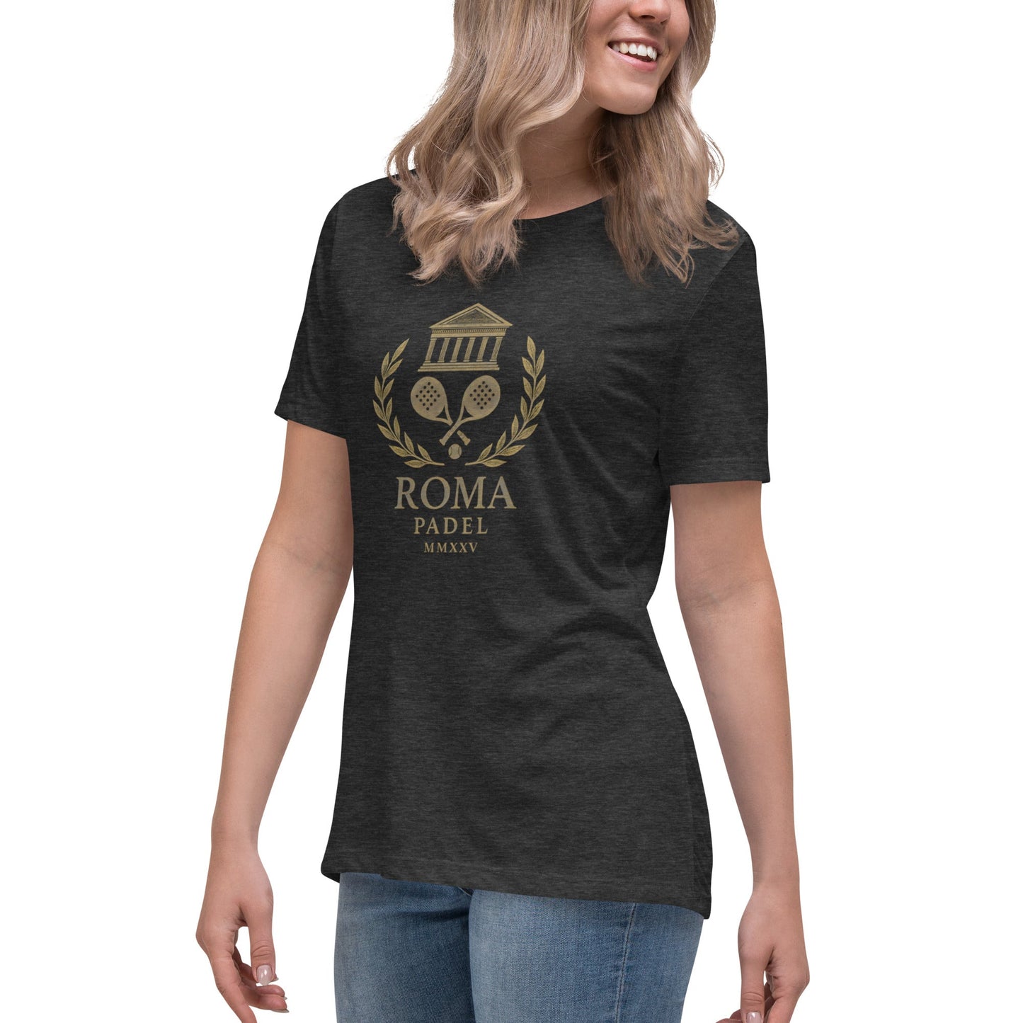 ROMA MMXXV Women's Relaxed Padel T-Shirt – women's dark grey heather padel tee, front | Corcuera Padel Club