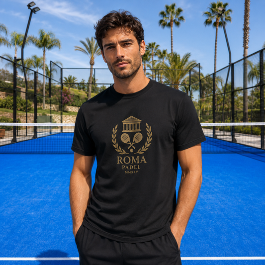 Lifestyle product image of the Roma Padel black T-shirt featuring a gold heritage crest, worn by a stylish Italian padel player on a luxury blue court.