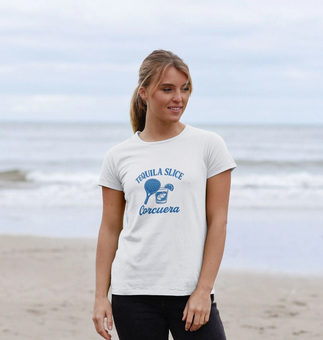 Tequila Slice Women's Padel T-Shirt – women's white padel tee, worn shot | Corcuera Padel Club
