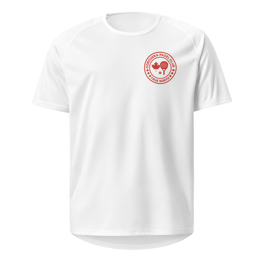 True North Canada Padel Club Players T-Shirt with bold maple leaf design, premium breathable cotton blend, unisex athletic fit by Corcuera Padel Club.
