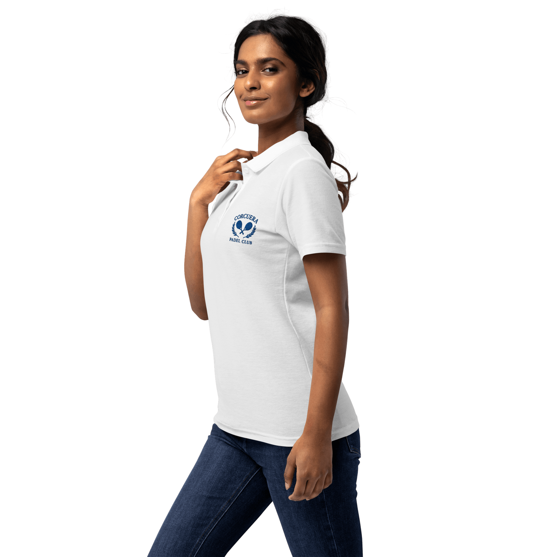 Women's Padel Polo, Piqué Cotton – women's padel polo shirt, styled shot | Corcuera Padel Club