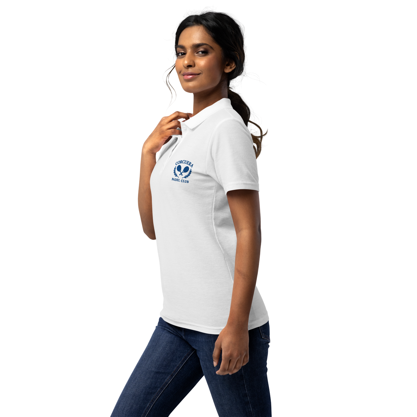 Lady weating Women’s pickleball and padel polo shirt – breathable white piqué cotton with Corcuera club logo, tailored fit for sport and lifestyle wear.