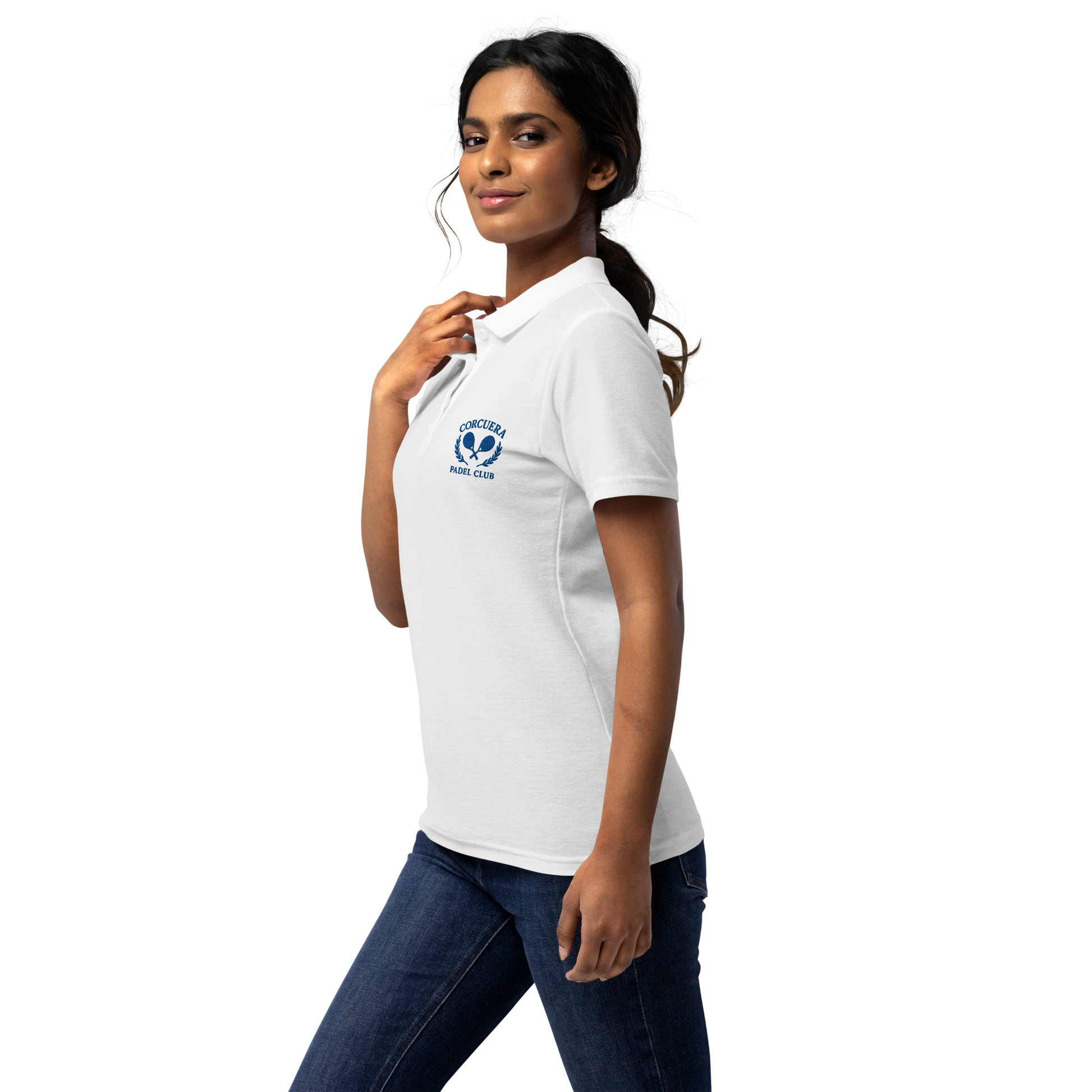 Lady weating Women’s pickleball and padel polo shirt – breathable white piqué cotton with Corcuera club logo, tailored fit for sport and lifestyle wear.