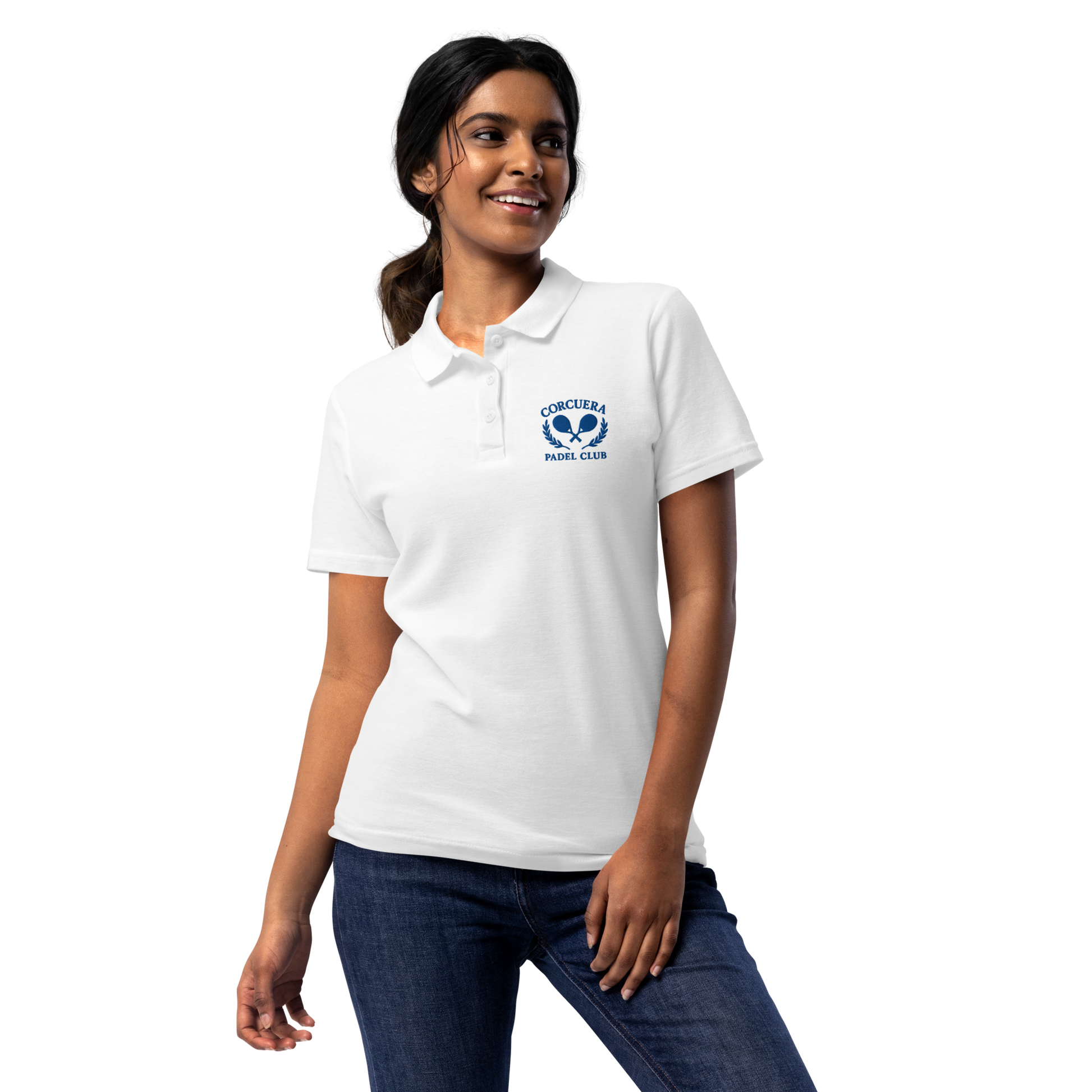 Lady wearing Women’s pickleball and padel polo shirt – breathable white piqué cotton with Corcuera club logo, tailored fit for sport and lifestyle wear.