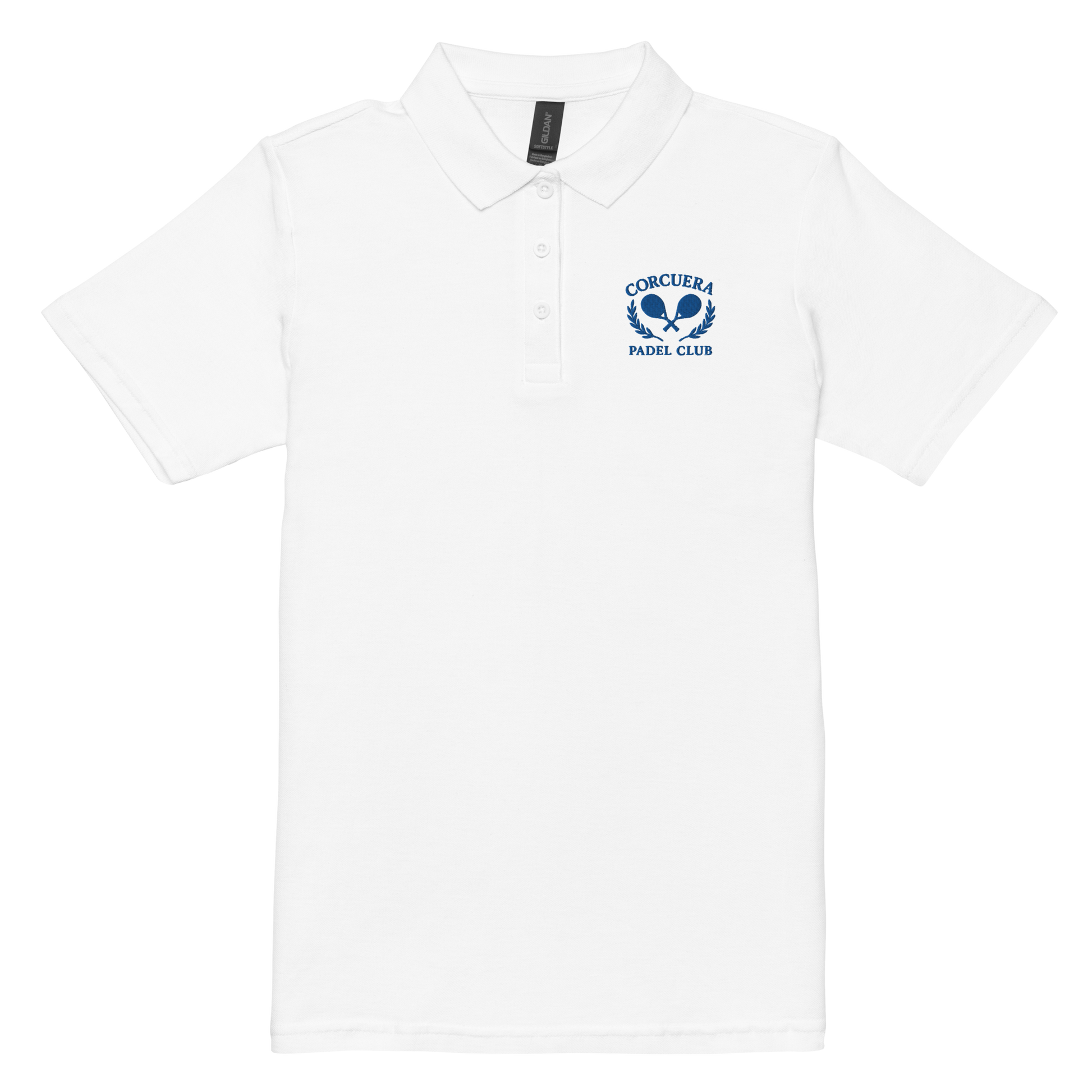 Front view Women’s pickleball and padel polo shirt – breathable white piqué cotton with Corcuera club logo, tailored fit for sport and lifestyle wear.