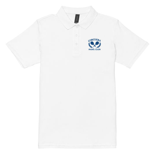 Front view Women’s pickleball and padel polo shirt – breathable white piqué cotton with Corcuera club logo, tailored fit for sport and lifestyle wear.